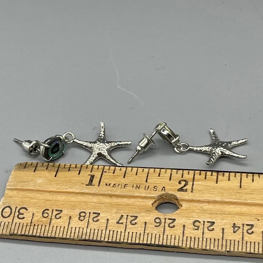 Silver Tone Starfish Dangle Earrings Abalone Shell Nautical Coastal Beach